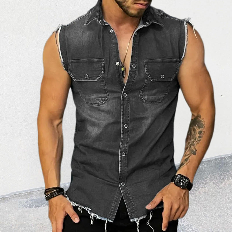 Herren Ärmelloses Jeanshemd im Vintage-Look mit Offenen Säumen