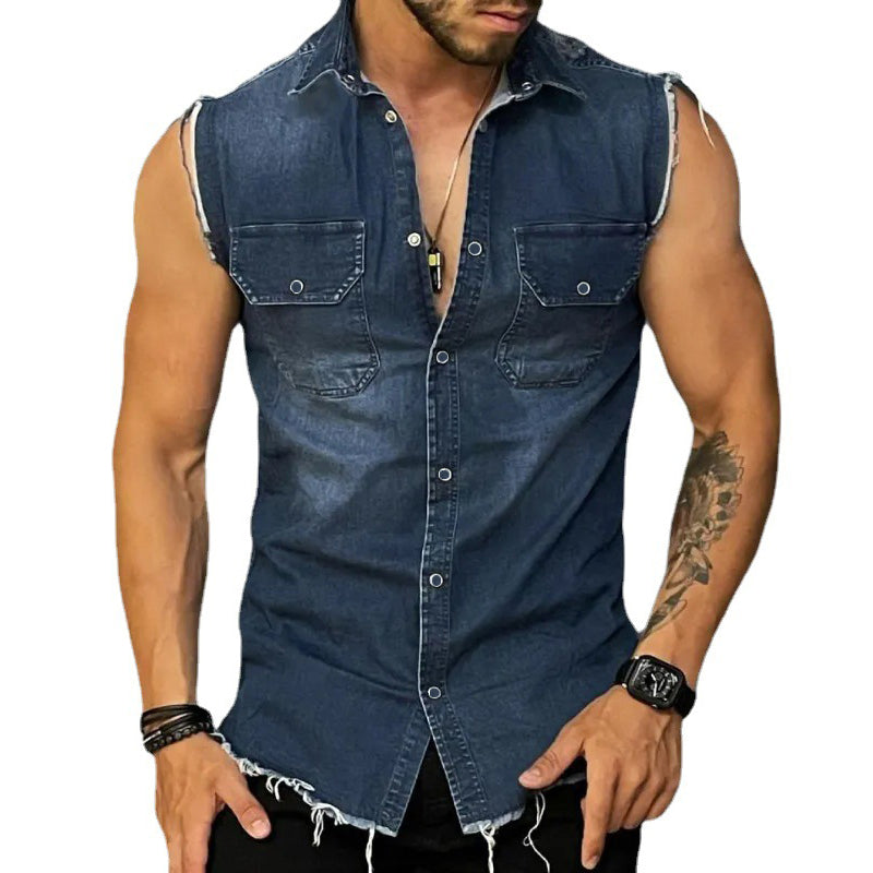 Herren Ärmelloses Jeanshemd im Vintage-Look mit Offenen Säumen
