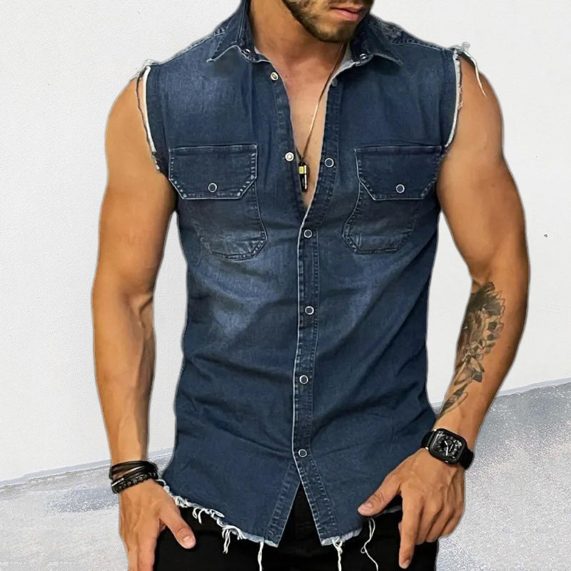 Herren Ärmelloses Jeanshemd im Vintage-Look mit Offenen Säumen