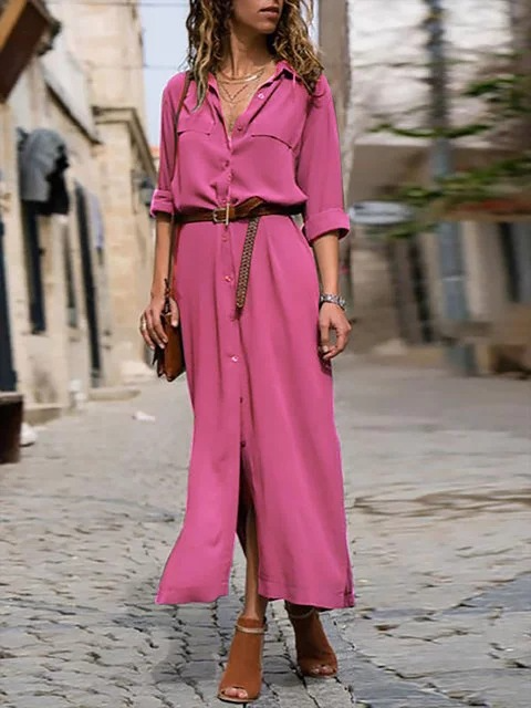 Freizeitkleid Damen Langarm Baumwolle Leinen Knopfkleid