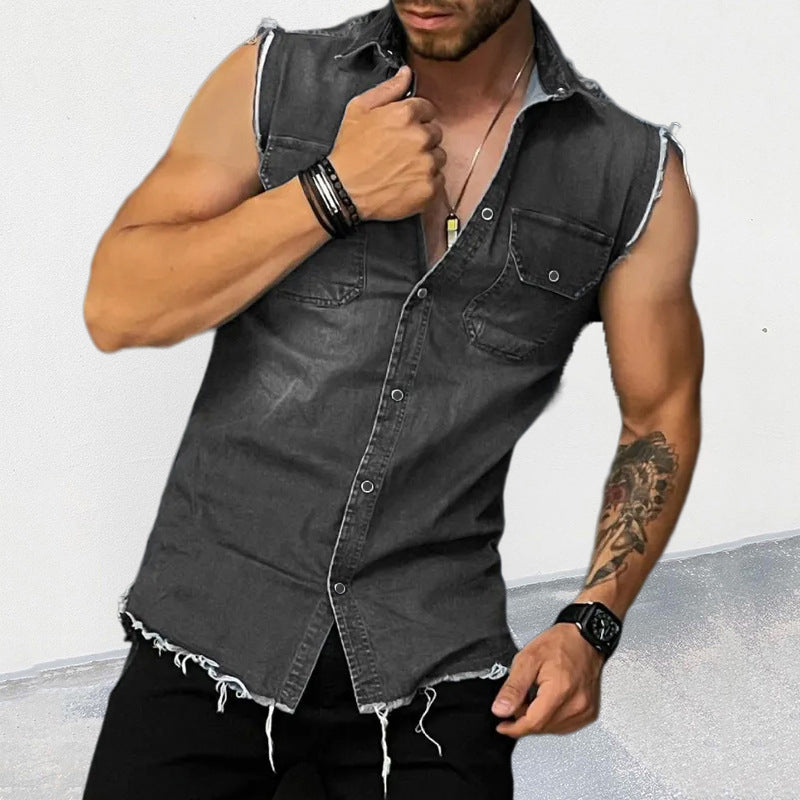 Herren Ärmelloses Jeanshemd im Vintage-Look mit Offenen Säumen
