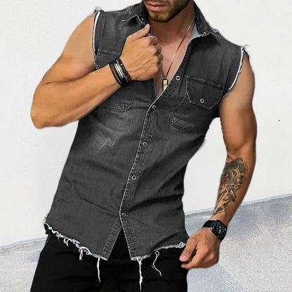 Herren Ärmelloses Jeanshemd im Vintage-Look mit Offenen Säumen