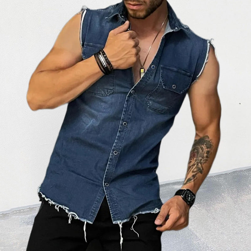 Herren Ärmelloses Jeanshemd im Vintage-Look mit Offenen Säumen