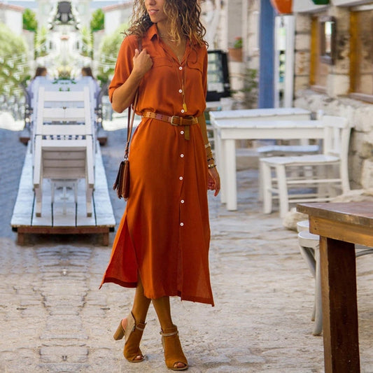 Freizeitkleid Damen Langarm Baumwolle Leinen Knopfkleid