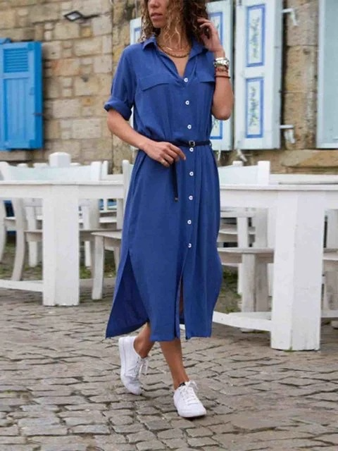Freizeitkleid Damen Langarm Baumwolle Leinen Knopfkleid
