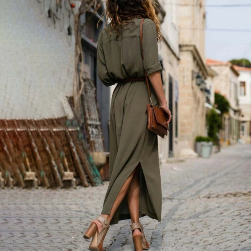 Freizeitkleid Damen Langarm Baumwolle Leinen Knopfkleid