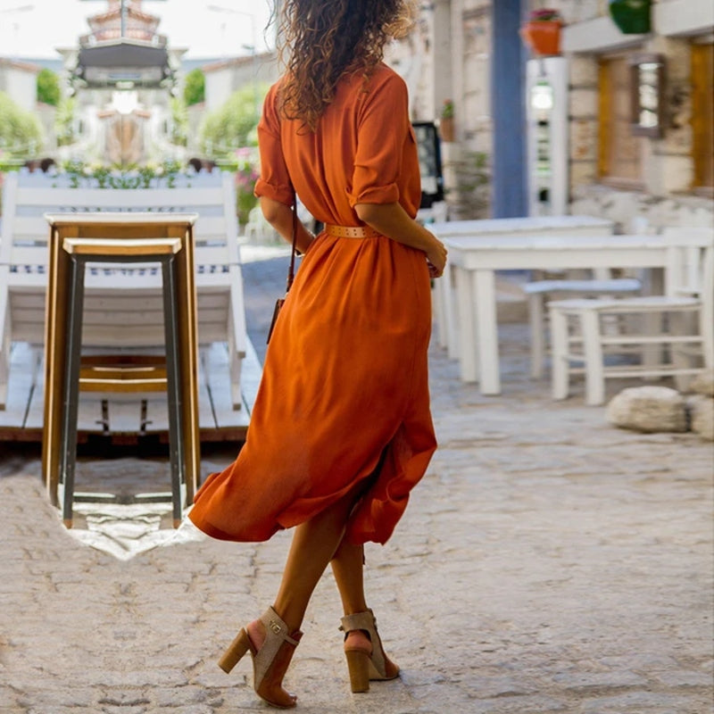 Freizeitkleid Damen Langarm Baumwolle Leinen Knopfkleid