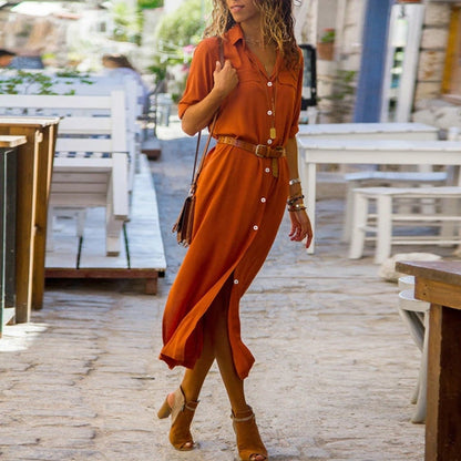Freizeitkleid Damen Langarm Baumwolle Leinen Knopfkleid