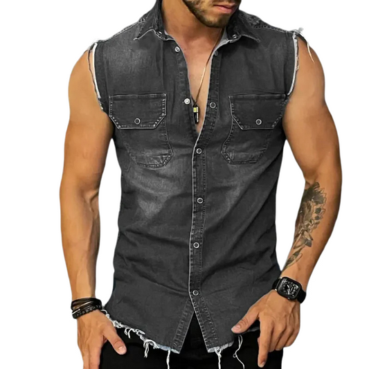 Herren Ärmelloses Jeanshemd im Vintage-Look mit Offenen Säumen